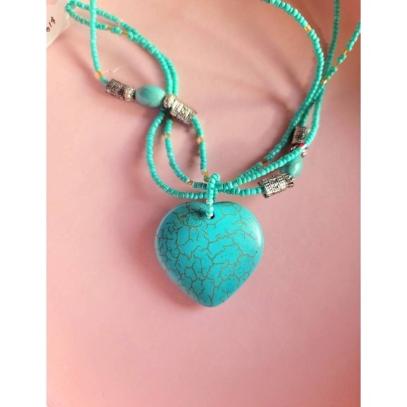 Turquoise Heart Pendant Necklace Silver Tone Boho Layered Beaded Fashion Jewelry - Picture 1 of 5